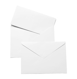 Photo of Envelopes with card isolated on white, top view. Mockup for design