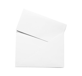 Photo of Envelope with card isolated on white, top view. Mockup for design