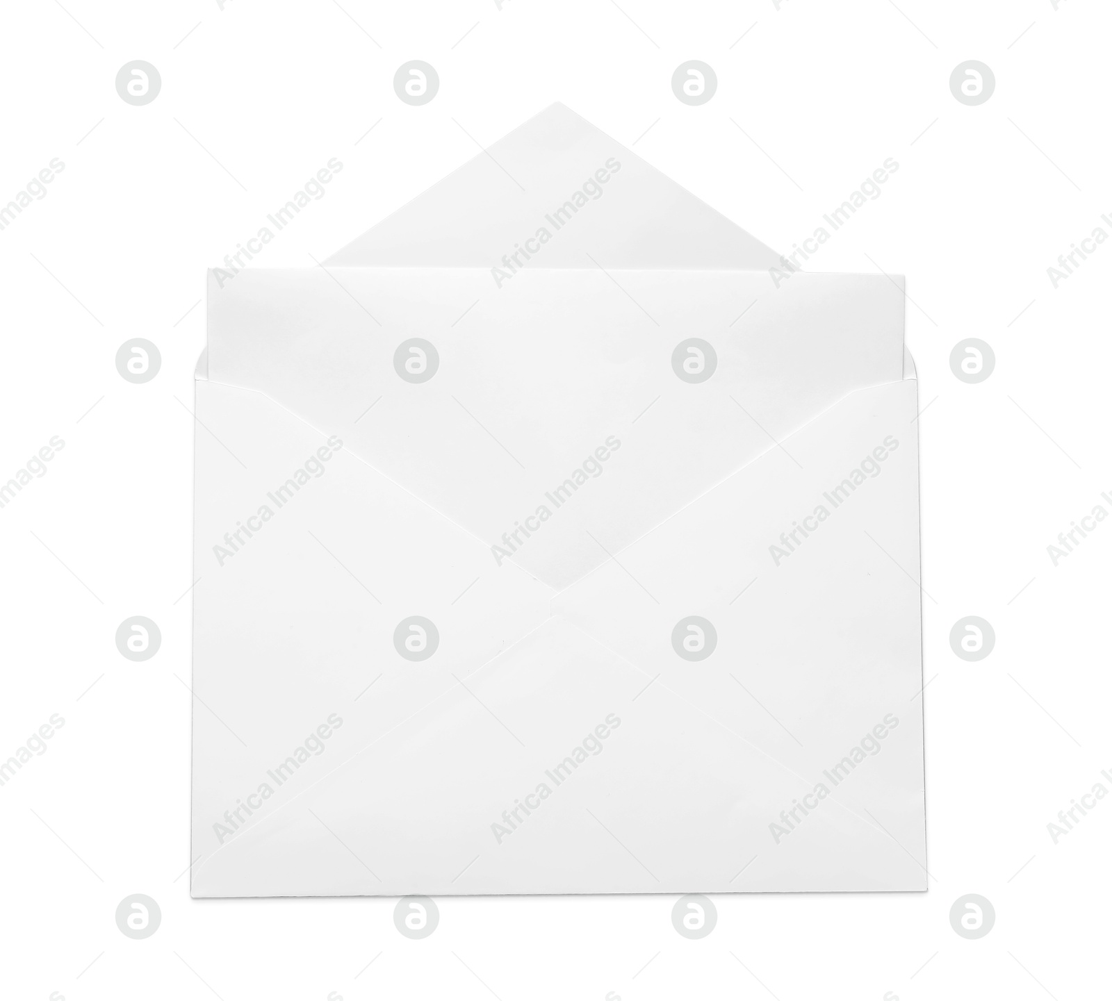 Photo of Envelope with card isolated on white, top view. Mockup for design