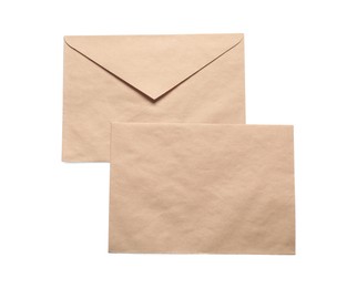 Photo of Envelopes isolated on white, top view. Mockup for design