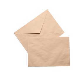 Photo of Envelopes isolated on white, top view. Mockup for design