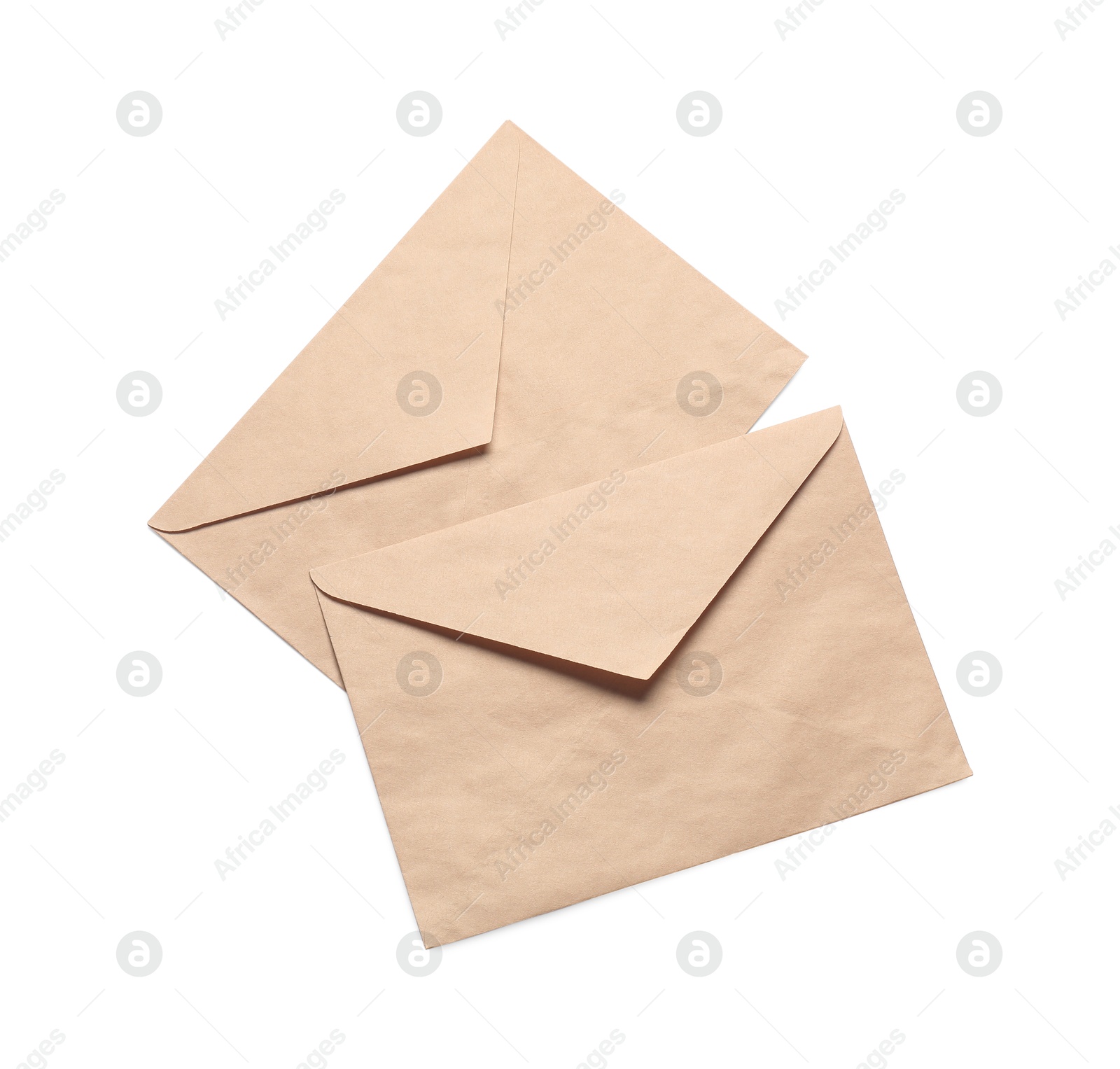 Photo of Envelopes isolated on white, top view. Mockup for design