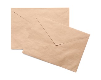 Photo of Envelopes isolated on white, top view. Mockup for design