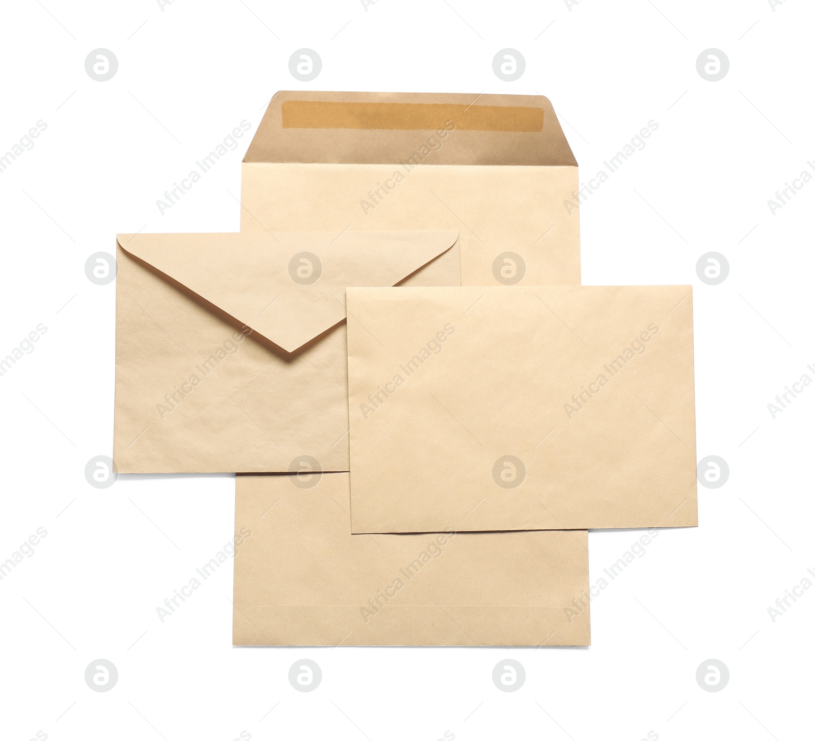 Photo of Envelopes isolated on white, top view. Mockup for design