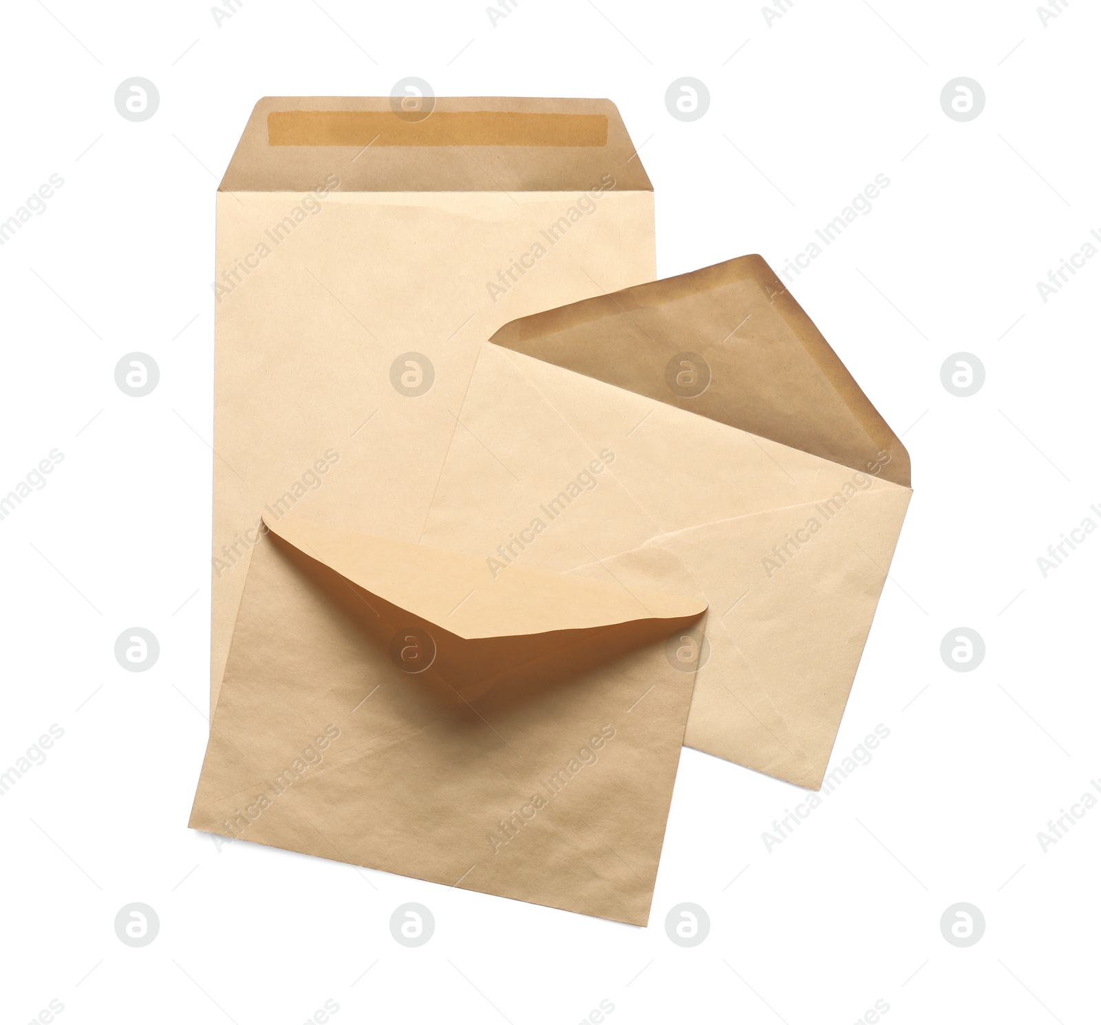 Photo of Envelopes isolated on white, top view. Mockup for design