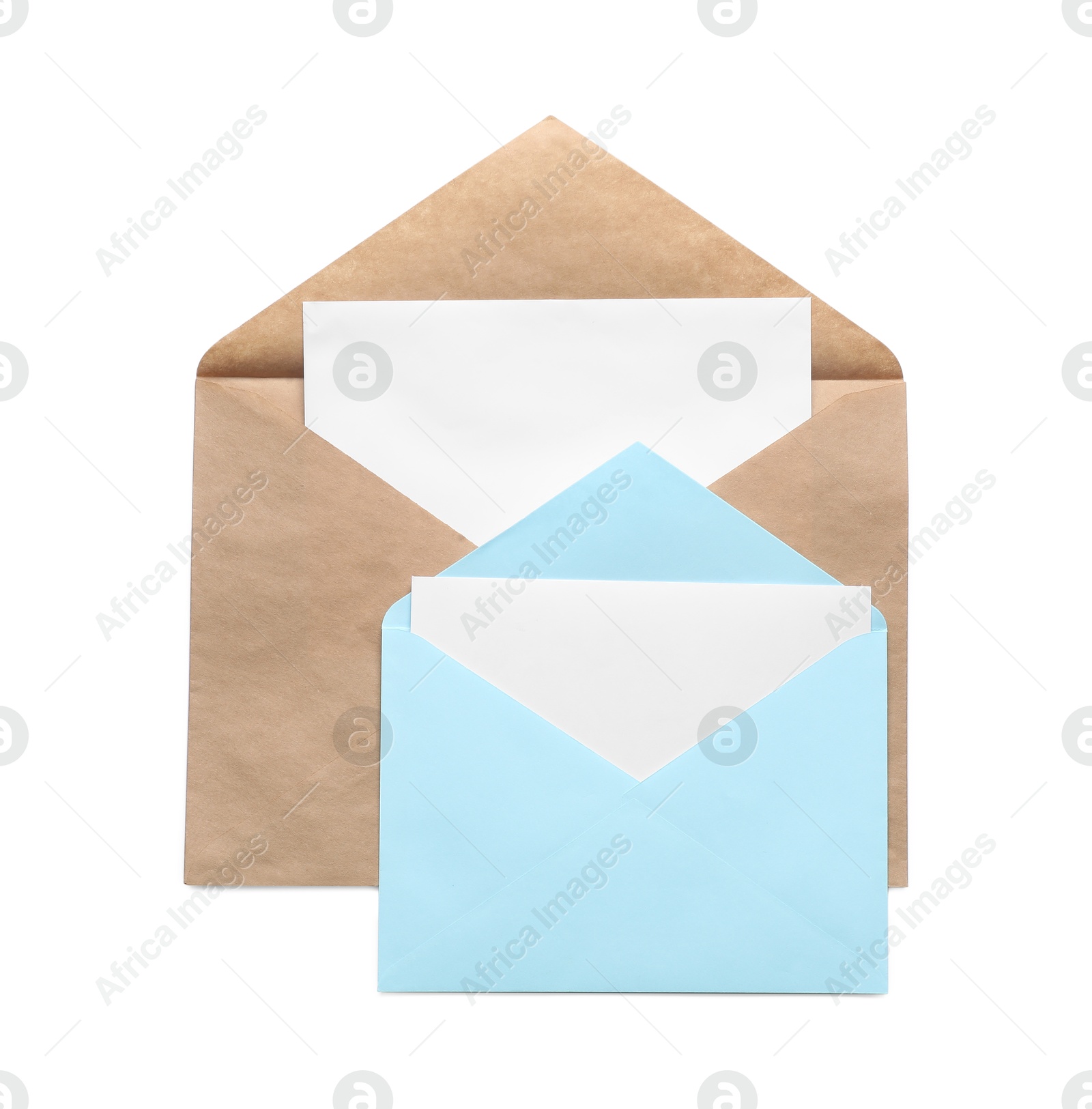 Photo of Envelopes isolated with cards on white, top view. Mockup for design