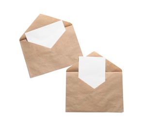 Photo of Envelopes isolated with cards on white, top view. Mockup for design