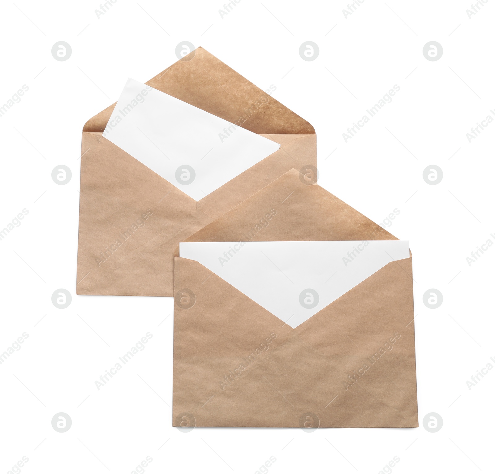 Photo of Envelopes isolated with cards on white, top view. Mockup for design