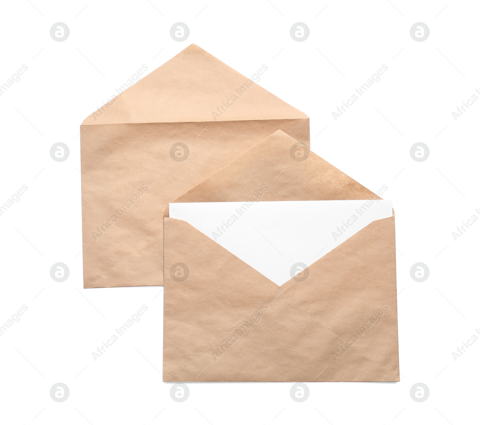 Photo of Envelopes isolated with card on white, top view. Mockup for design