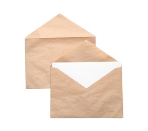 Photo of Envelopes isolated with card on white, top view. Mockup for design