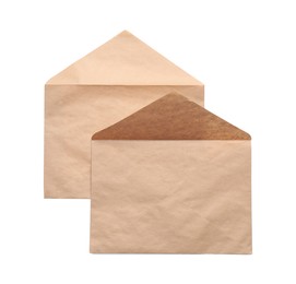 Photo of Envelopes isolated on white, top view. Mockup for design