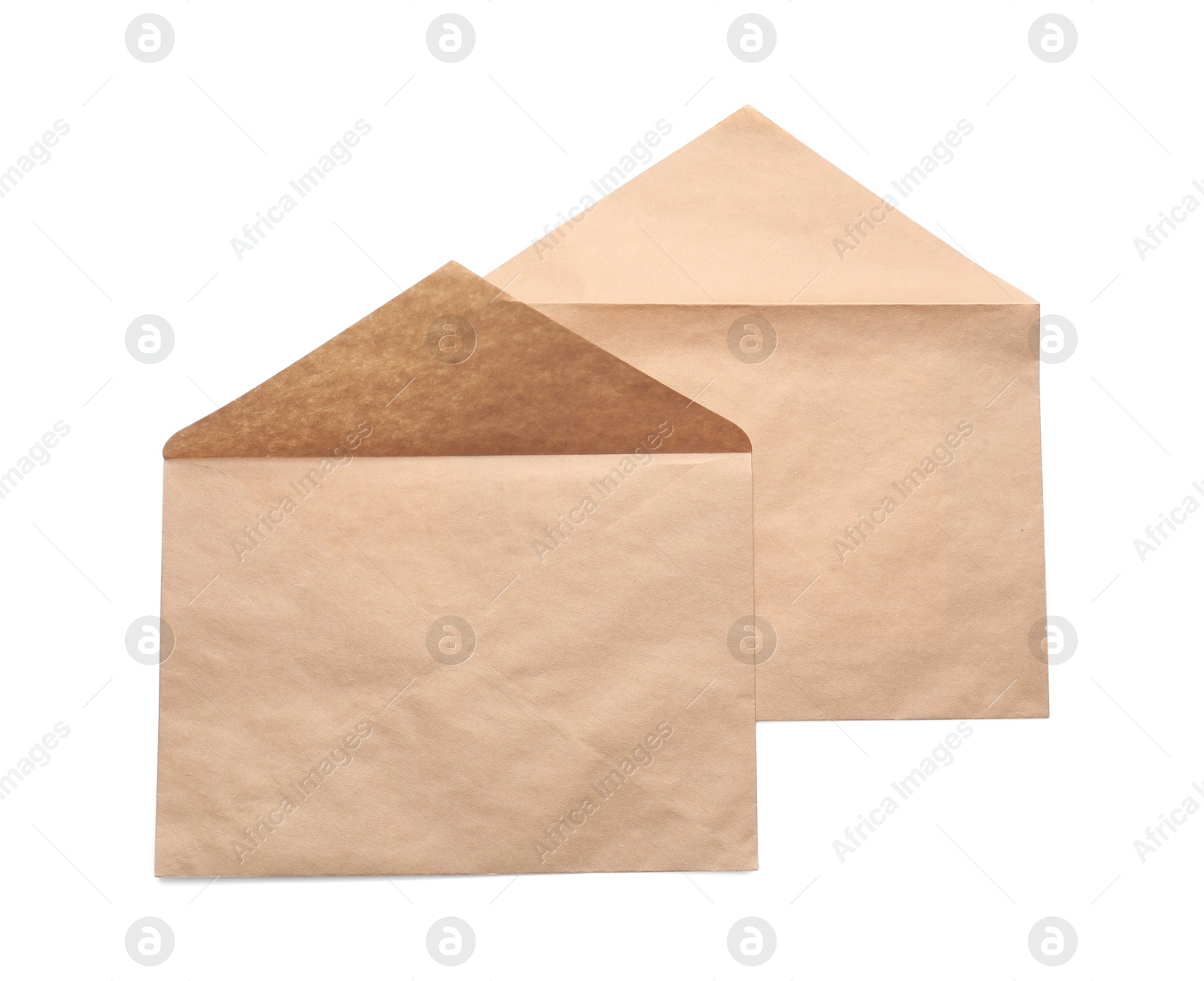 Photo of Envelopes isolated on white, top view. Mockup for design