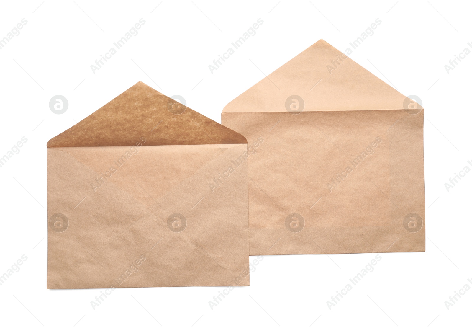 Photo of Envelopes isolated on white, top view. Mockup for design