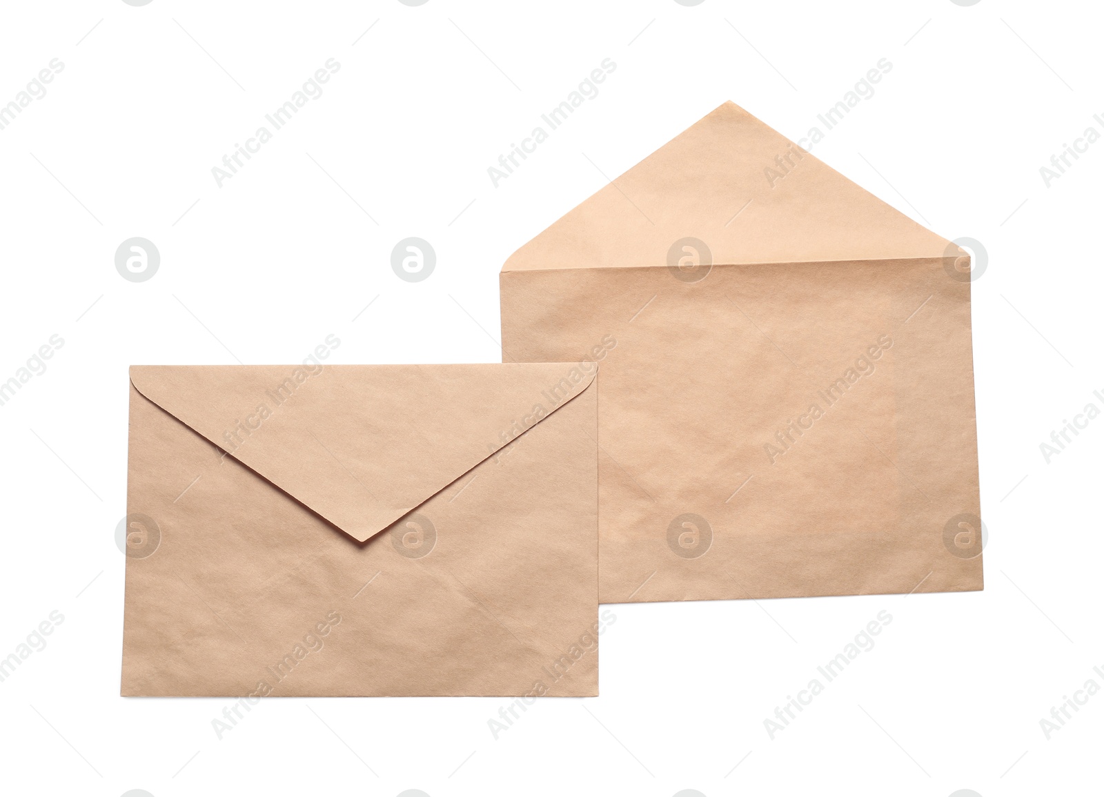 Photo of Envelopes isolated on white, top view. Mockup for design