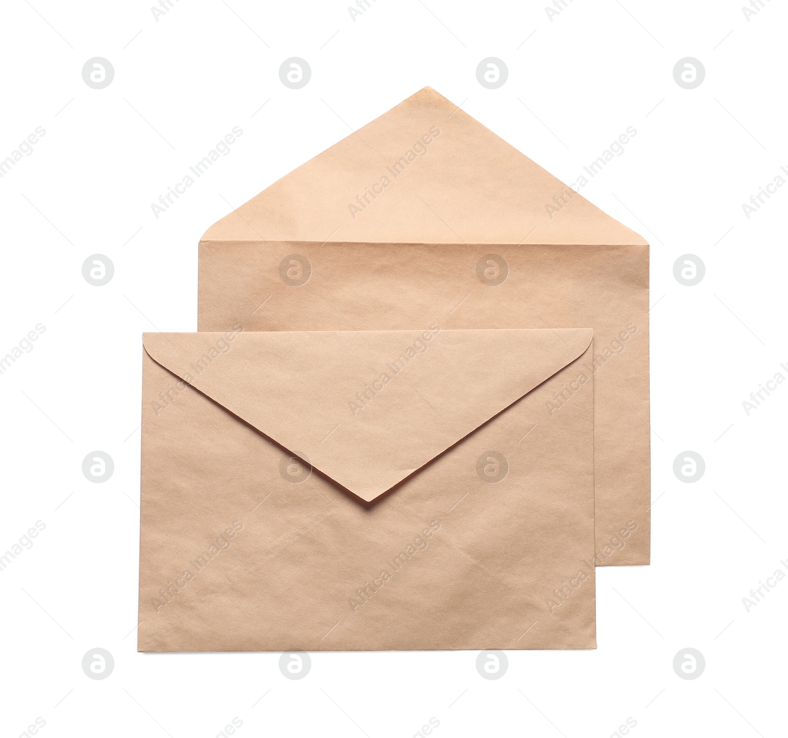 Photo of Envelopes isolated on white, top view. Mockup for design