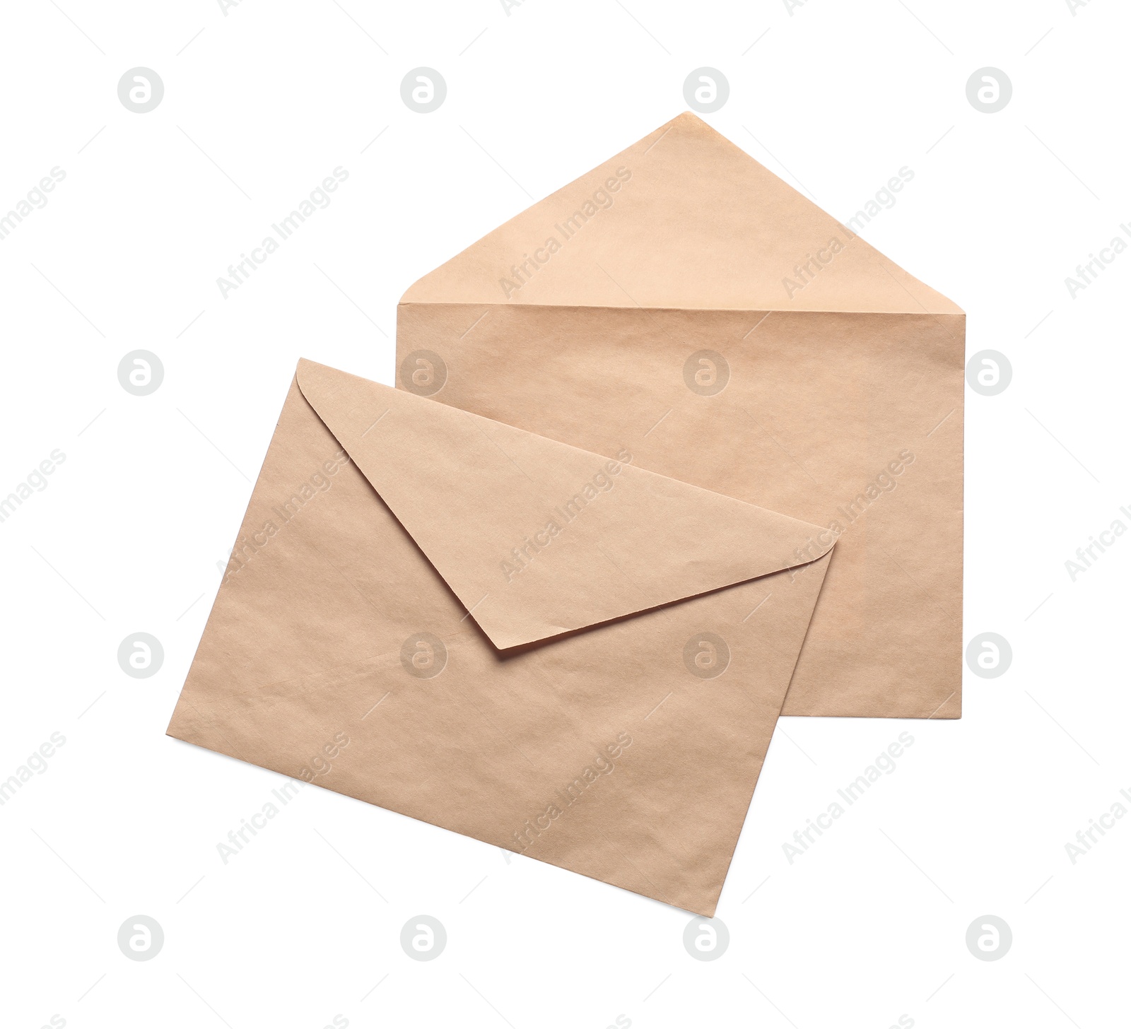 Photo of Envelopes isolated on white, top view. Mockup for design