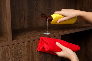 Photo of Woman polishing wooden shelf at home, closeup