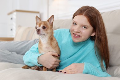 Photo of Teenage girl with her cute Chihuahua dog on sofa at home