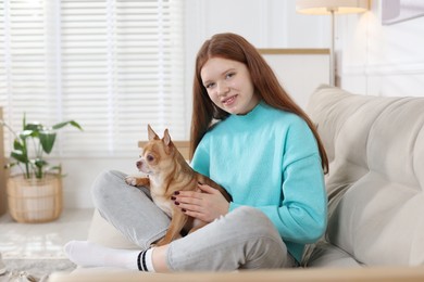 Photo of Teenage girl with her cute Chihuahua dog on sofa at home