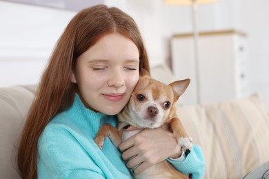 Photo of Teenage girl with her cute Chihuahua dog on sofa at home