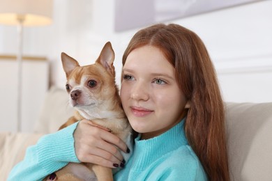 Photo of Teenage girl with her cute Chihuahua dog on sofa at home