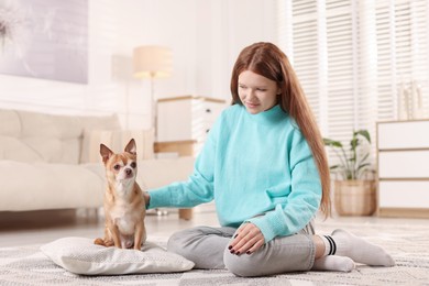 Photo of Teenage girl with her cute Chihuahua dog at home