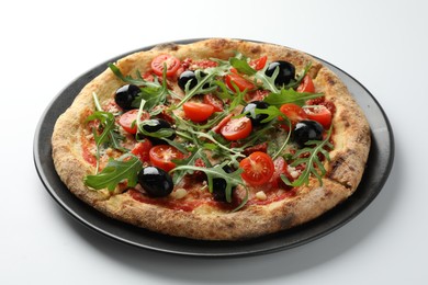 Tasty pizza with olives, tomatoes and arugula on white background