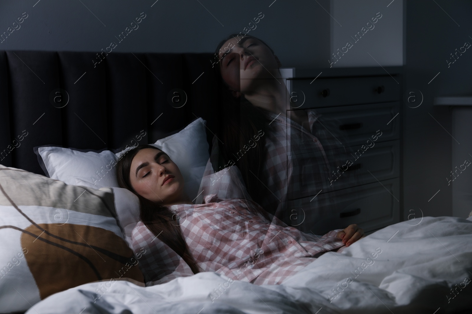 Image of Young woman suffering from sleepwalking at home, double exposure