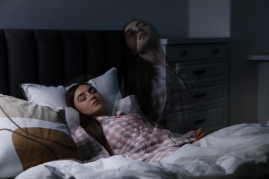 Young woman suffering from sleepwalking at home, double exposure