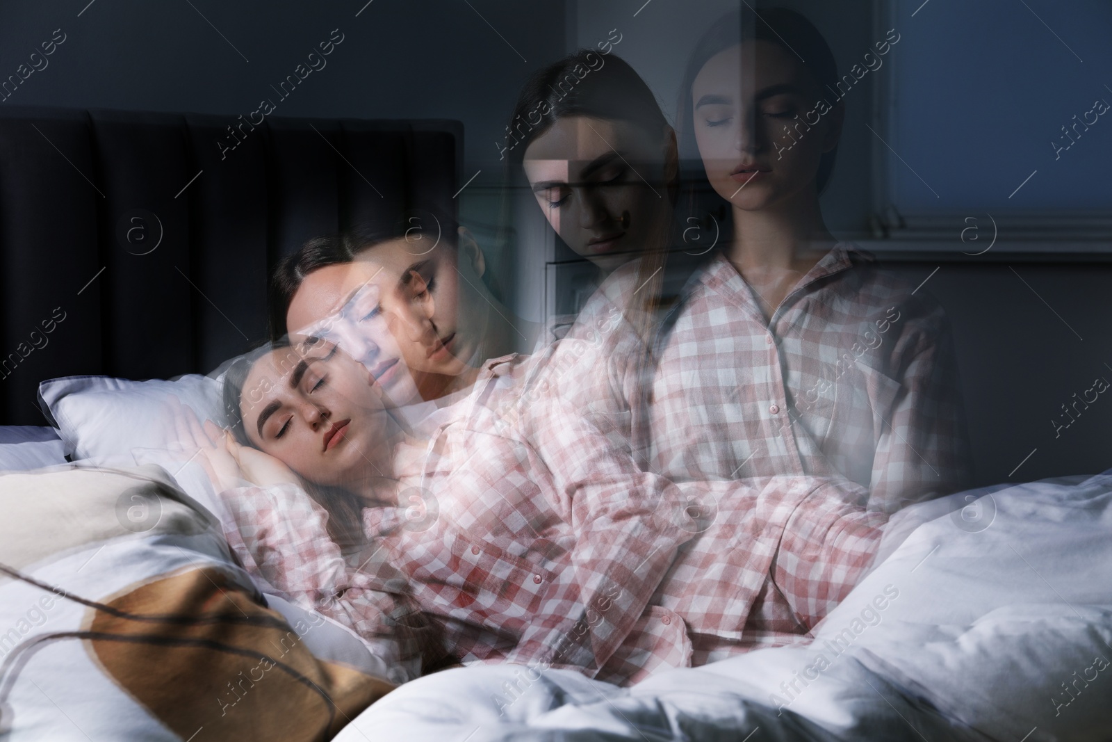 Image of Young woman suffering from sleepwalking at home, multiple exposure