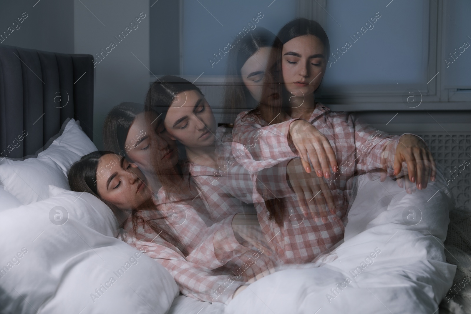 Image of Young woman suffering from sleepwalking at home, multiple exposure