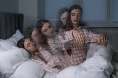 Image of Young woman suffering from sleepwalking at home, multiple exposure