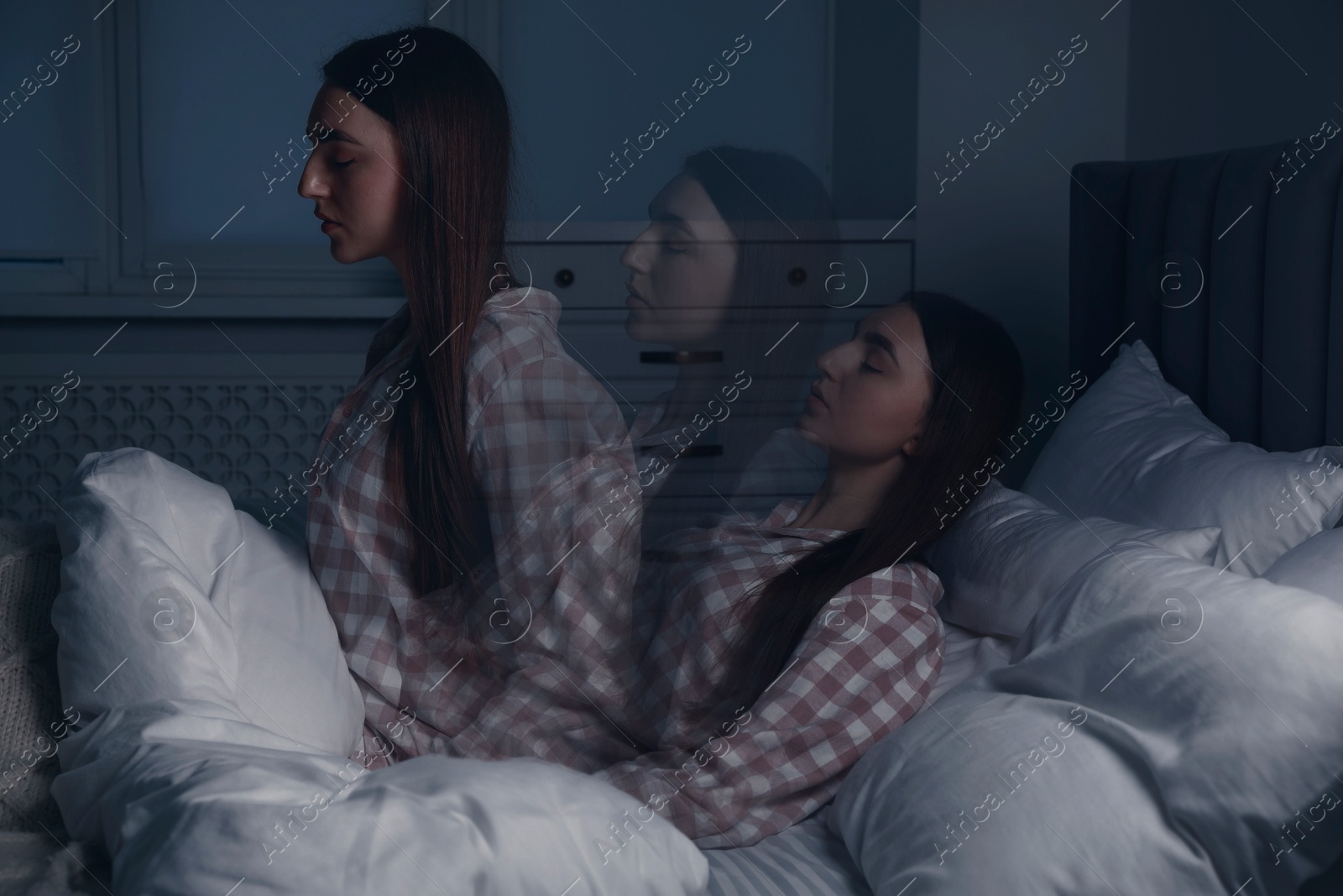 Image of Young woman suffering from sleepwalking at home, multiple exposure