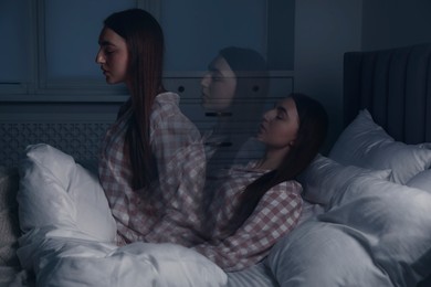 Young woman suffering from sleepwalking at home, multiple exposure