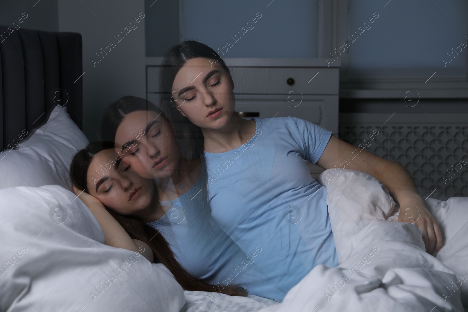 Image of Young woman suffering from sleepwalking at home, multiple exposure