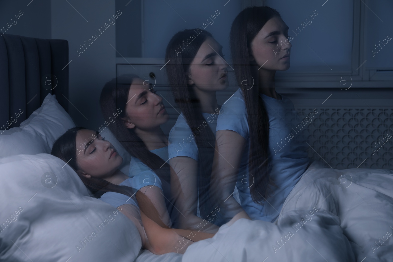 Image of Young woman suffering from sleepwalking at home, multiple exposure