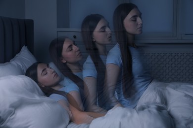 Image of Young woman suffering from sleepwalking at home, multiple exposure