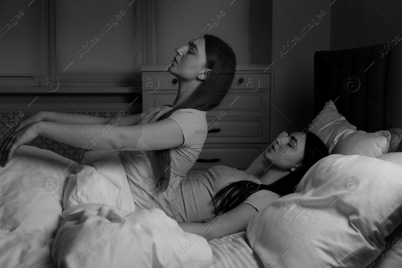 Image of Young woman suffering from sleepwalking at home, double exposure. Black-and-white