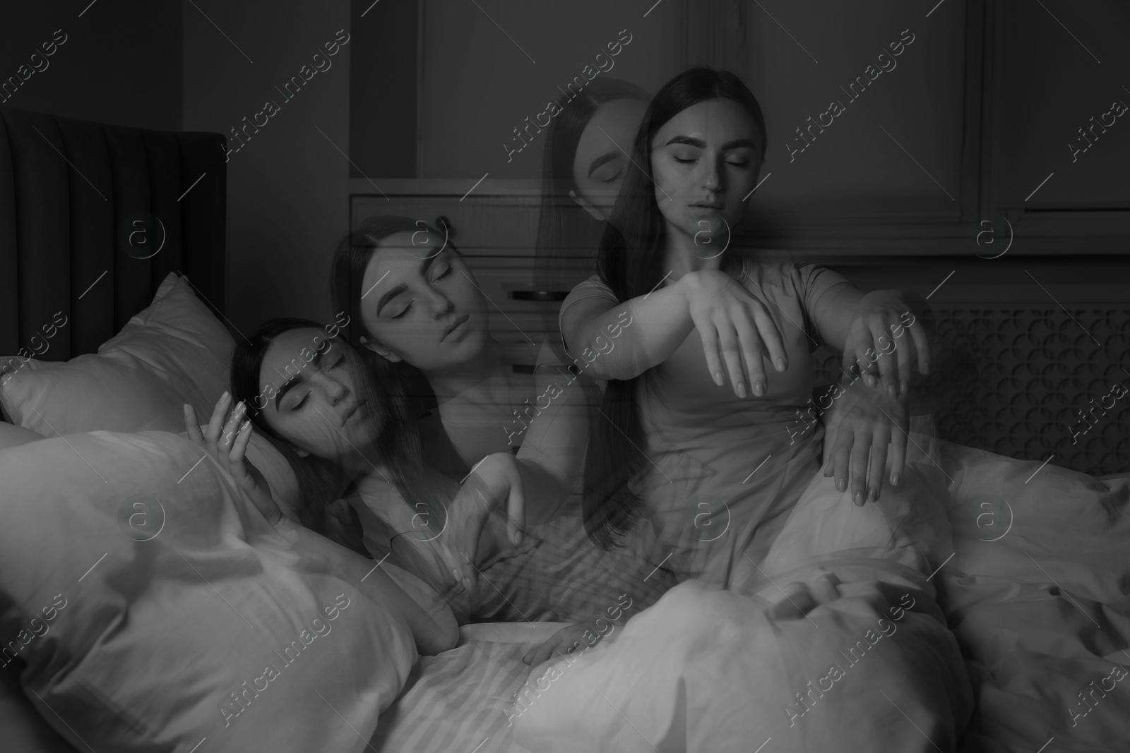 Image of Young woman suffering from sleepwalking at home, multiple exposure. Black-and-white