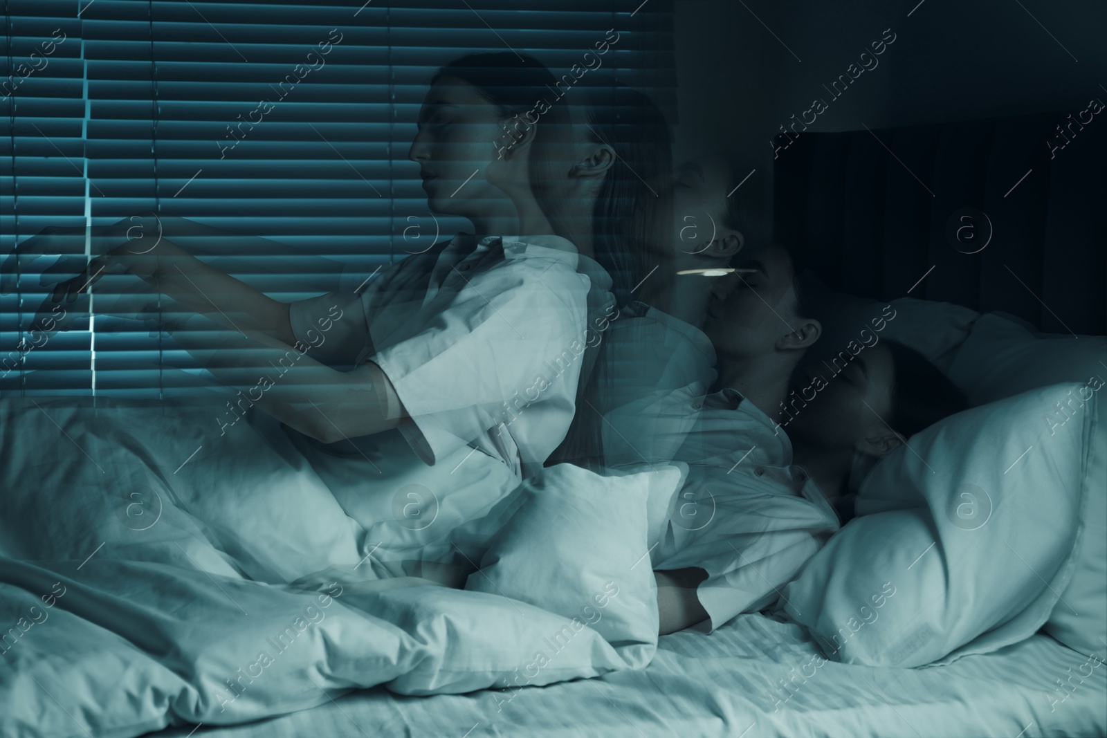 Image of Young woman suffering from sleepwalking at home, multiple exposure. Toned in blue