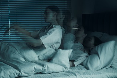 Image of Young woman suffering from sleepwalking at home, multiple exposure. Toned in blue