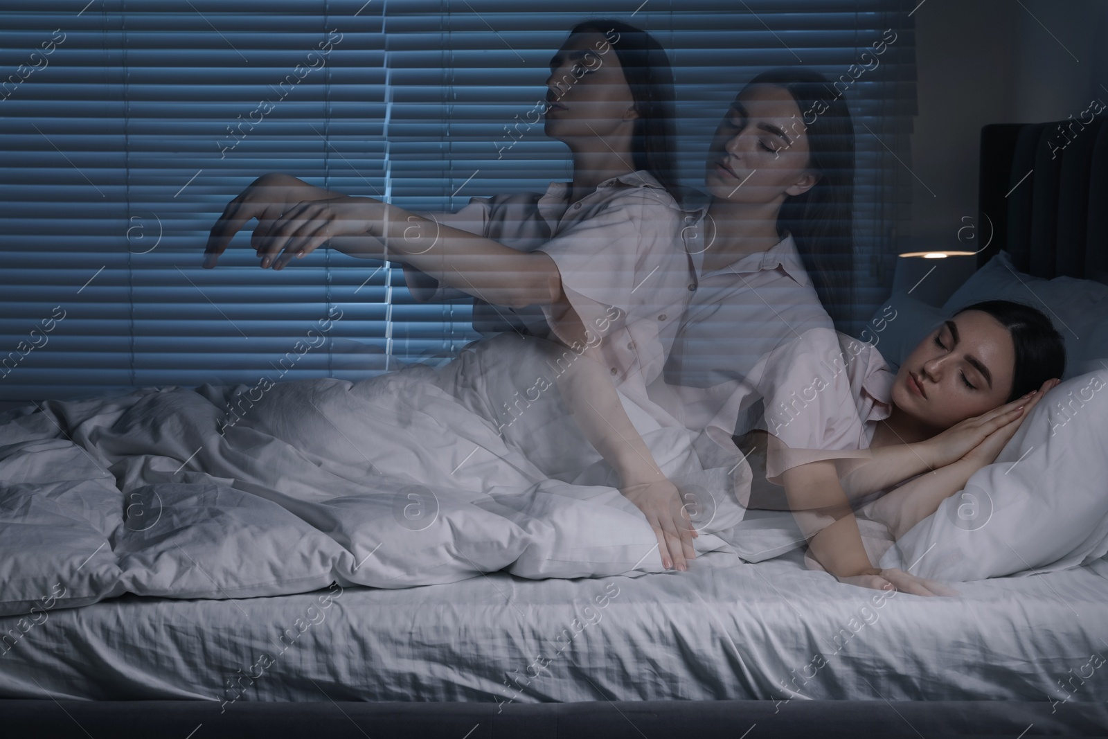 Image of Young woman suffering from sleepwalking at home, multiple exposure