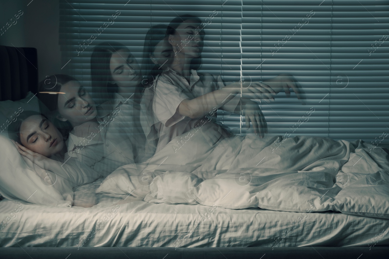 Image of Young woman suffering from sleepwalking at home, multiple exposure