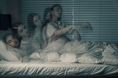 Image of Young woman suffering from sleepwalking at home, multiple exposure