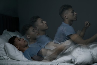 Young man suffering from sleepwalking at home, multiple exposure