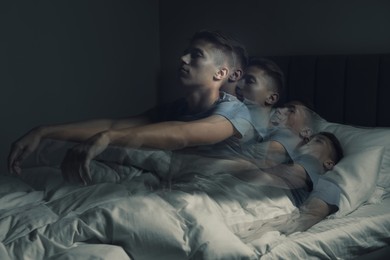 Young man suffering from sleepwalking at home, multiple exposure