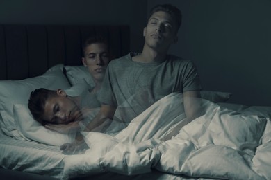 Young man suffering from sleepwalking at home, multiple exposure