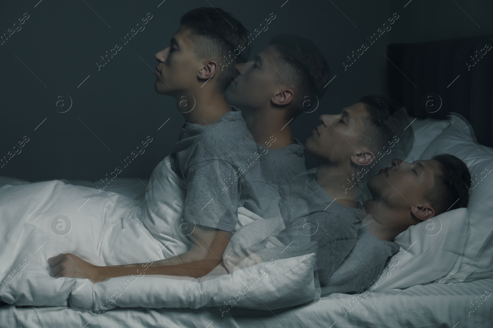 Image of Young man suffering from sleepwalking at home, multiple exposure