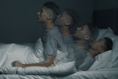 Young man suffering from sleepwalking at home, multiple exposure