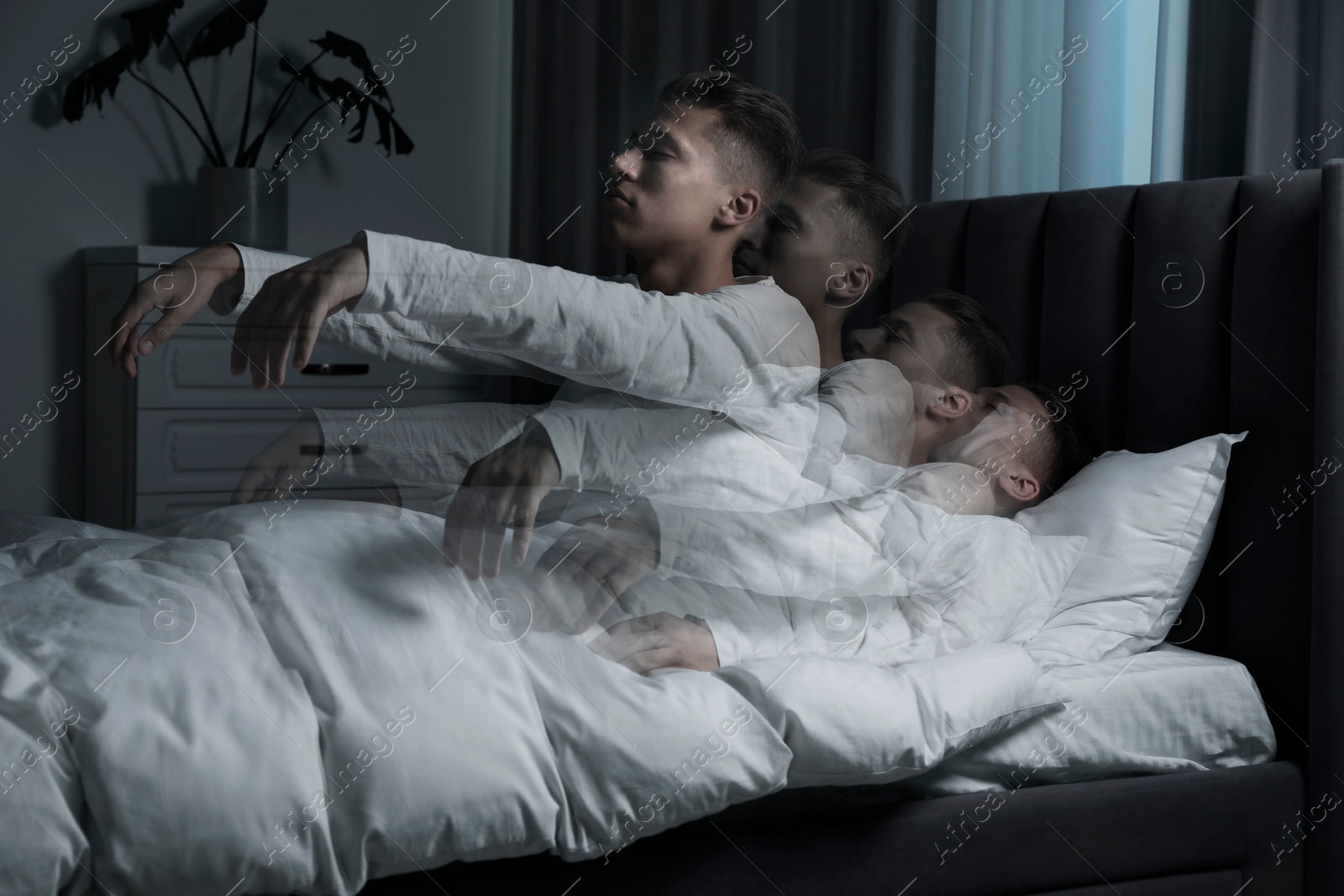 Image of Young man suffering from sleepwalking at home, multiple exposure